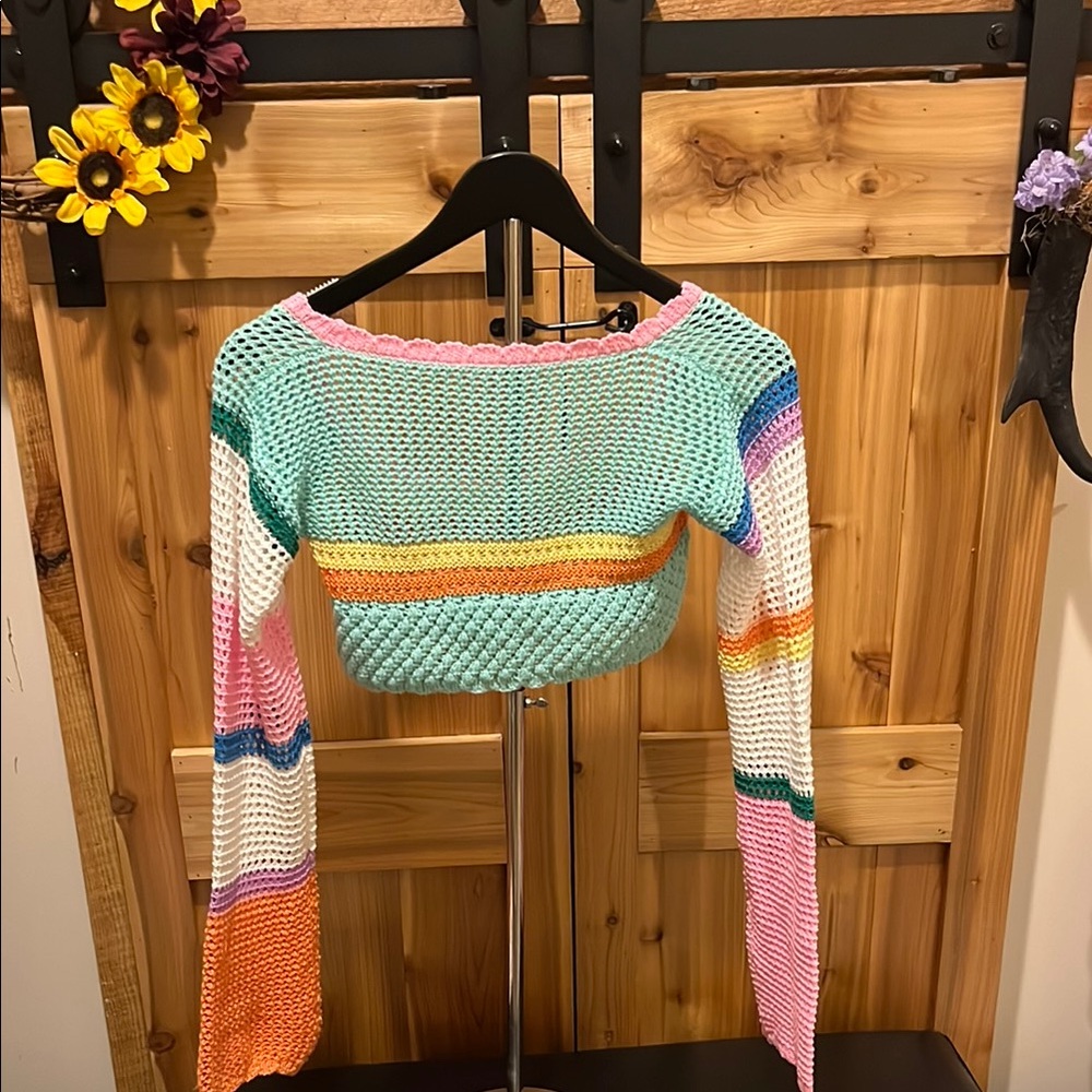 Multicolor Striped Knit Mesh Crop Top - Picture 7 of 9